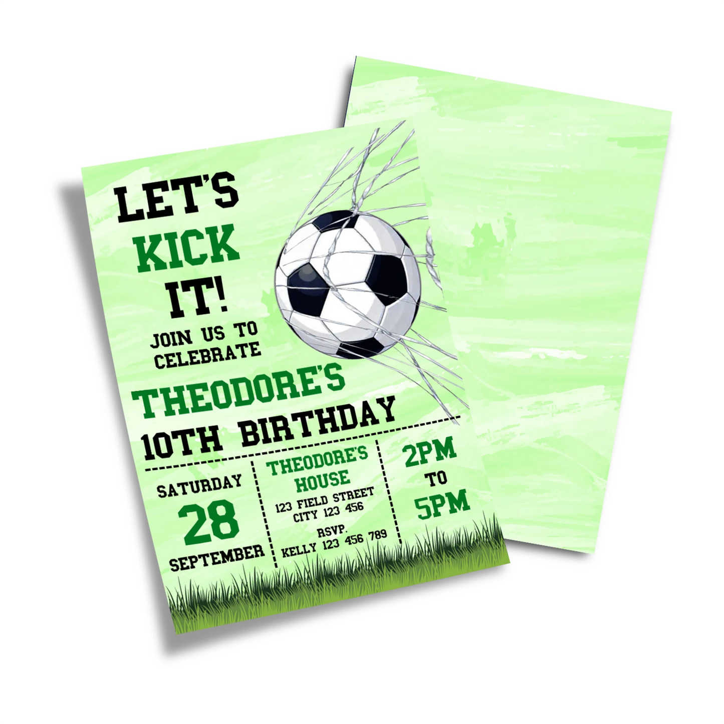 Soccer personalized birthday card invitations with green soccer theme, custom name and age, flat lay on white background