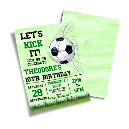 Soccer personalized birthday card invitations with green soccer theme, custom name and age, flat lay on white background