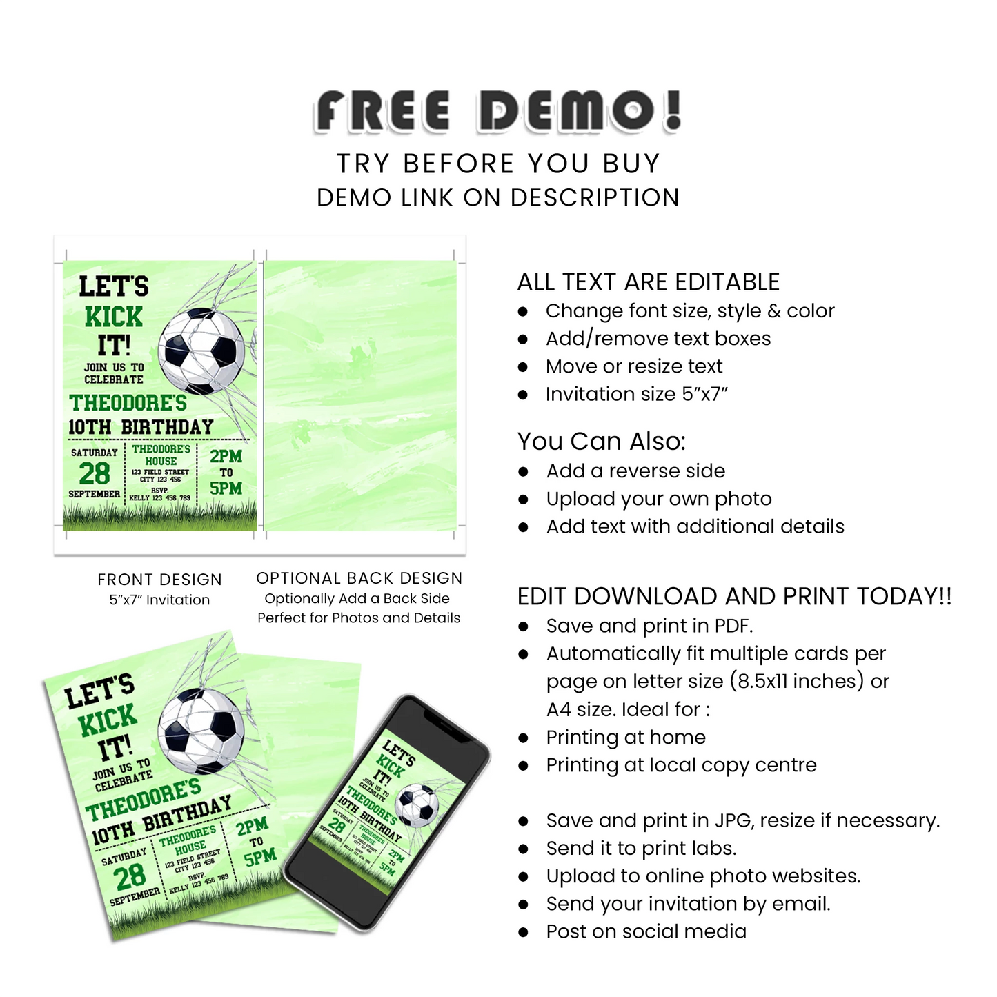 Soccer personalized birthday card invitations custom party invites
