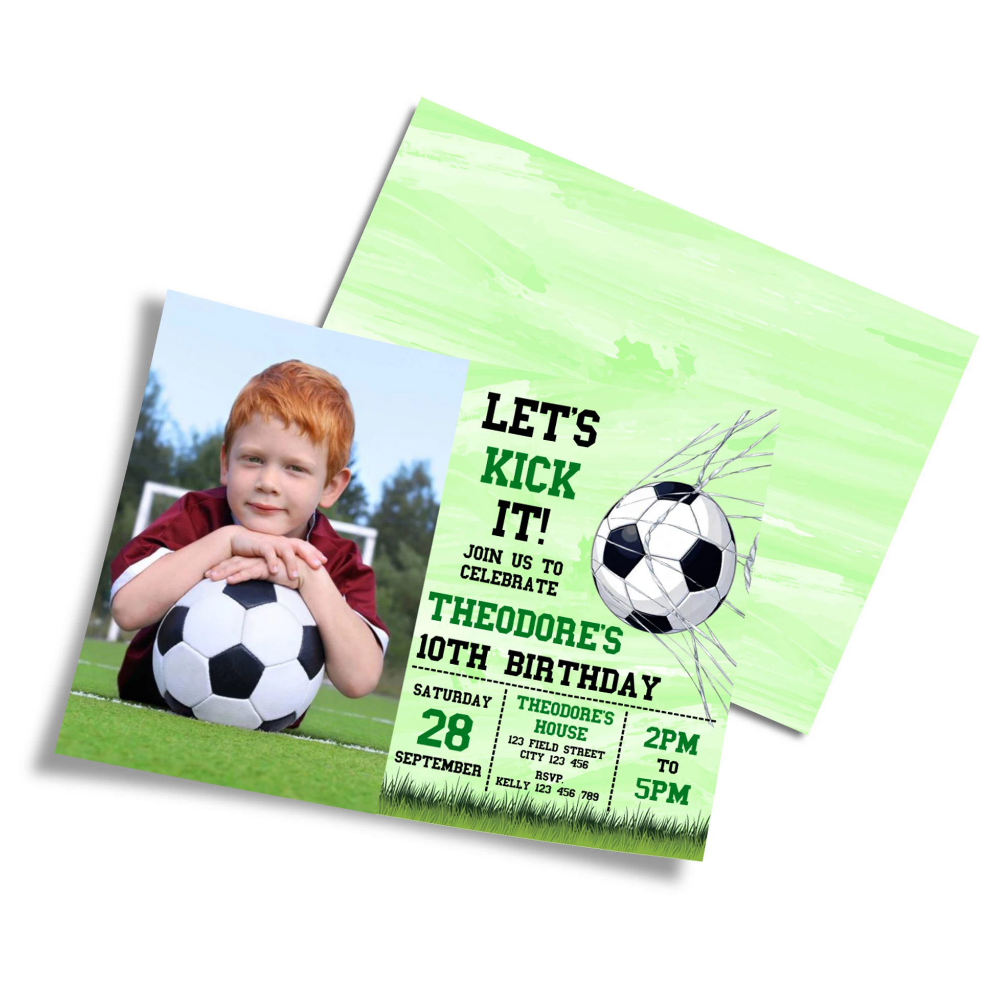 Soccer personalized photo card invitations with action soccer design, custom photo area, displayed on white background