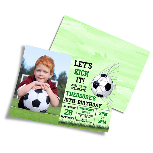 Soccer personalized photo card invitations with action soccer design, custom photo area, displayed on white background