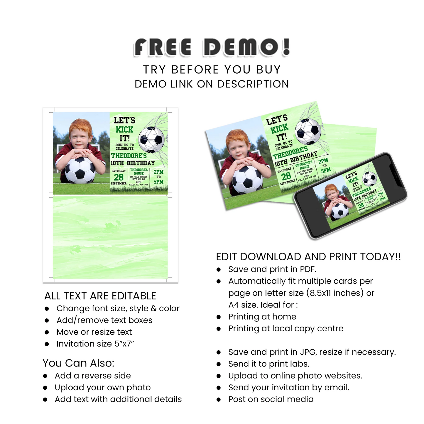 Soccer personalized photo card invitations custom keepsake party invites