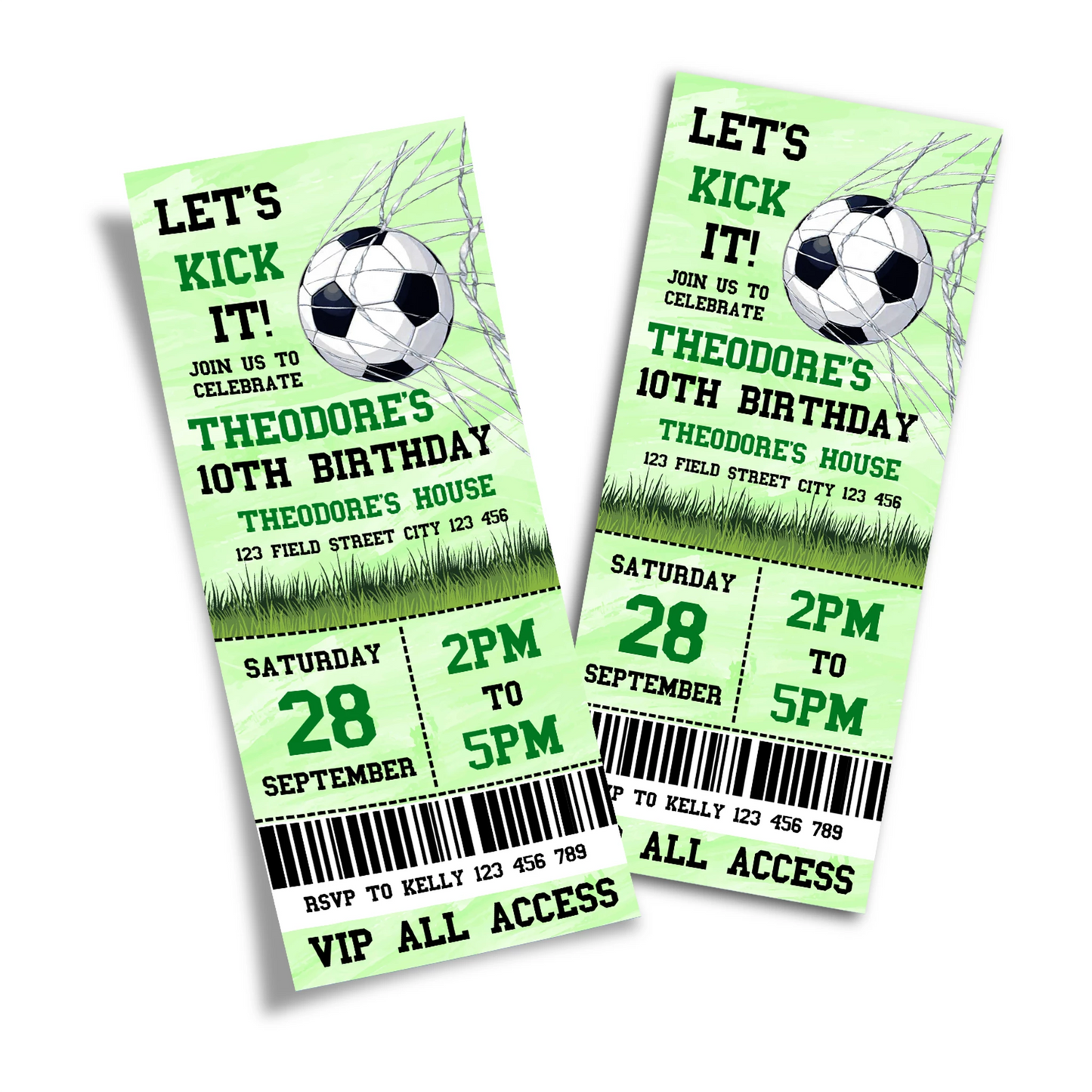 Soccer personalized birthday ticket invitations with sporty soccer layout and bold green colors, flat lay on white background