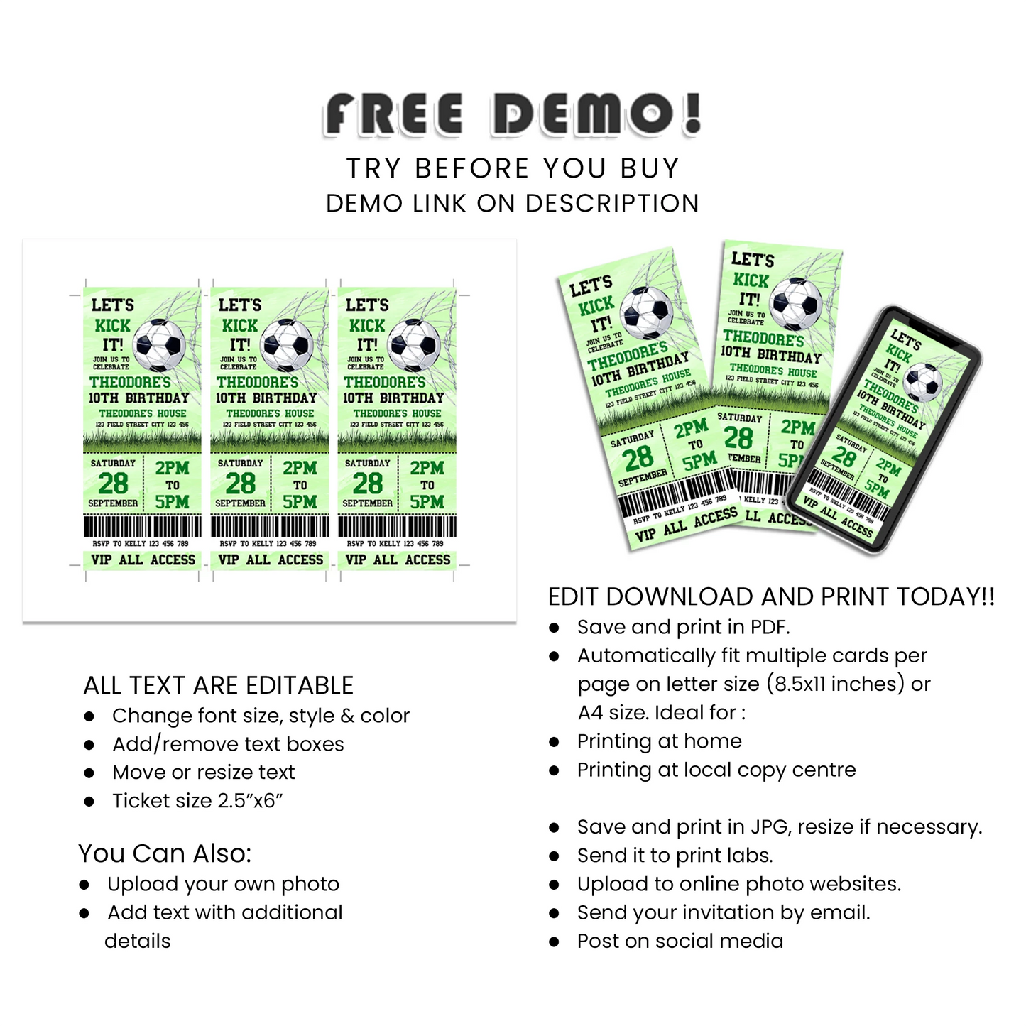 Soccer personalized birthday ticket invitations fun themed party invites