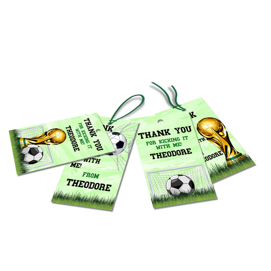 Soccer thank you tags with green soccer theme and ball icons, printable favor tags shown on white background