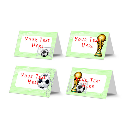 Soccer food cards with matching green field design for party table labeling, neatly arranged on white background