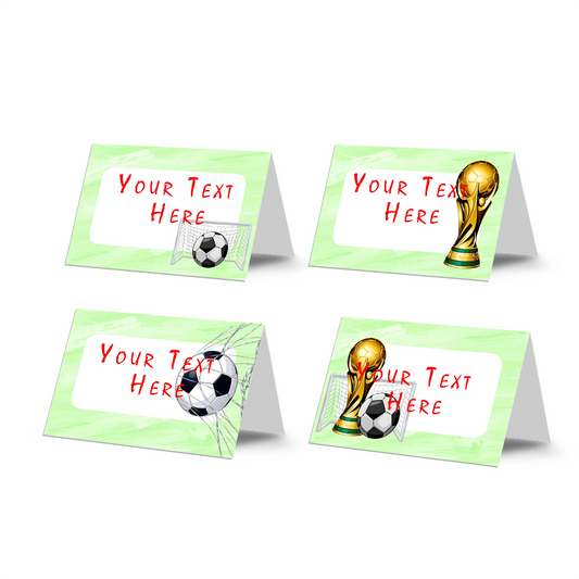 Soccer food cards with matching green field design for party table labeling, neatly arranged on white background