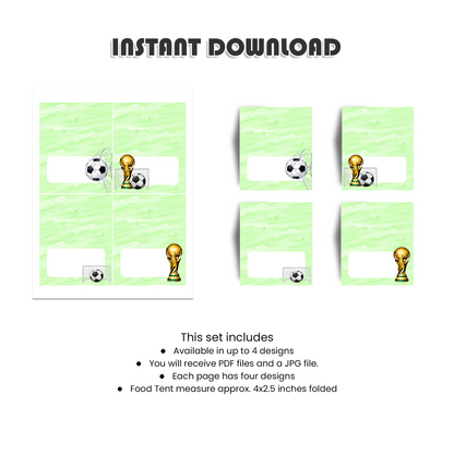 Soccer food cards themed buffet labels for soccer party tables
