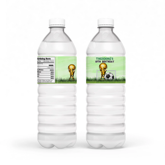 Soccer water bottle label with green turf pattern and soccer ball graphics, wrap style shown on white background