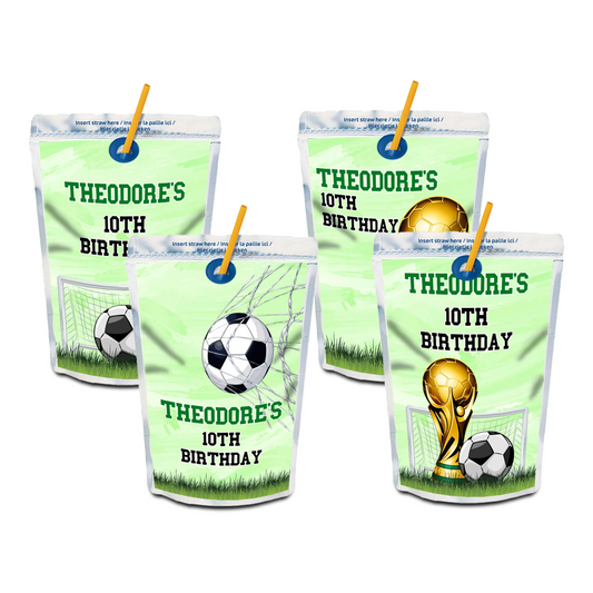 Soccer juice pouch label with sporty green soccer theme and custom name, displayed flat on white background