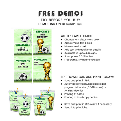 Soccer juice pouch label custom party drink wrappers