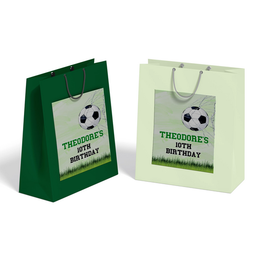 Soccer goodie bag label with matching soccer theme and ball pattern, printable design on white background