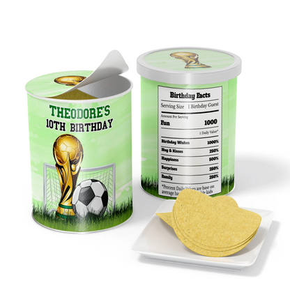 Soccer small Pringles label with green field design and soccer ball accents, sized wrap shown on white background
