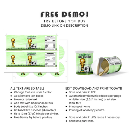 Soccer small Pringles label personalized snack wraps for parties