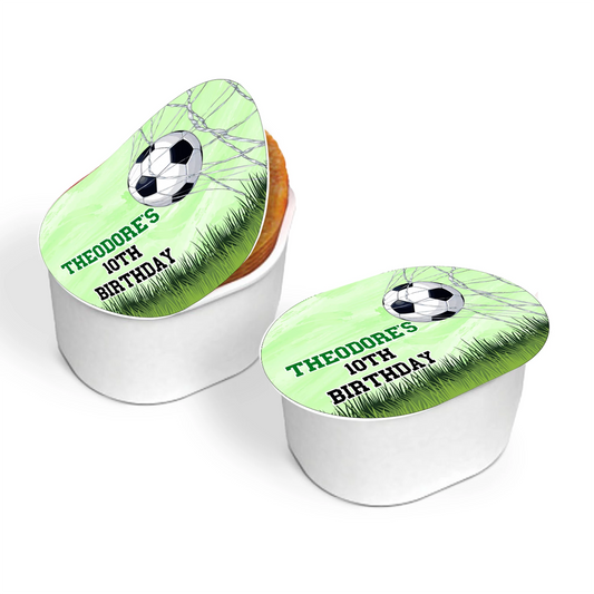 Soccer mini Pringles label with compact soccer-themed graphics and custom name, displayed on white background