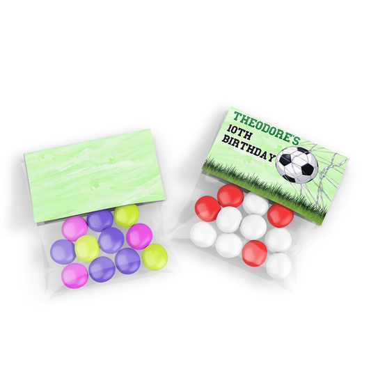 Soccer treat bag topper label with green soccer pattern and bold lettering, folded style shown on white background