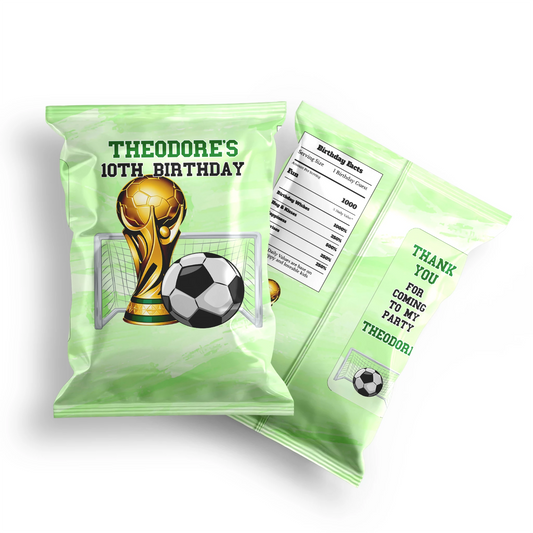 Soccer chips bag label with full-wrap green soccer field design and ball graphics, flat lay on white background