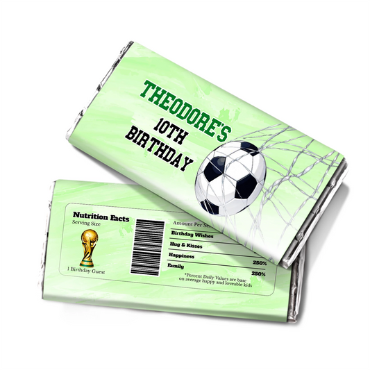 Soccer chocolate label with green and black soccer theme, sized for candy bars, shown on white background