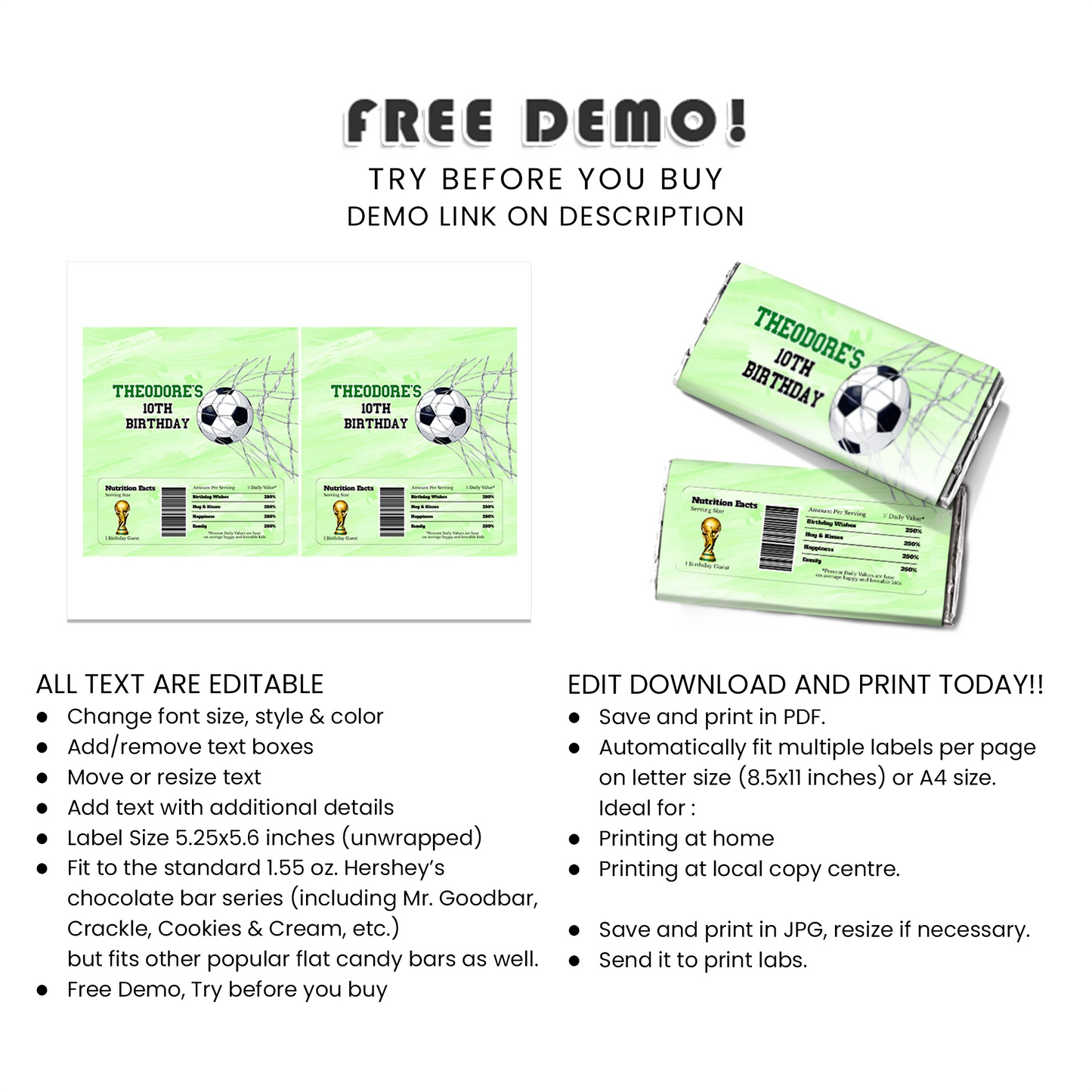 Soccer chocolate label personalized candy bar party wrappers