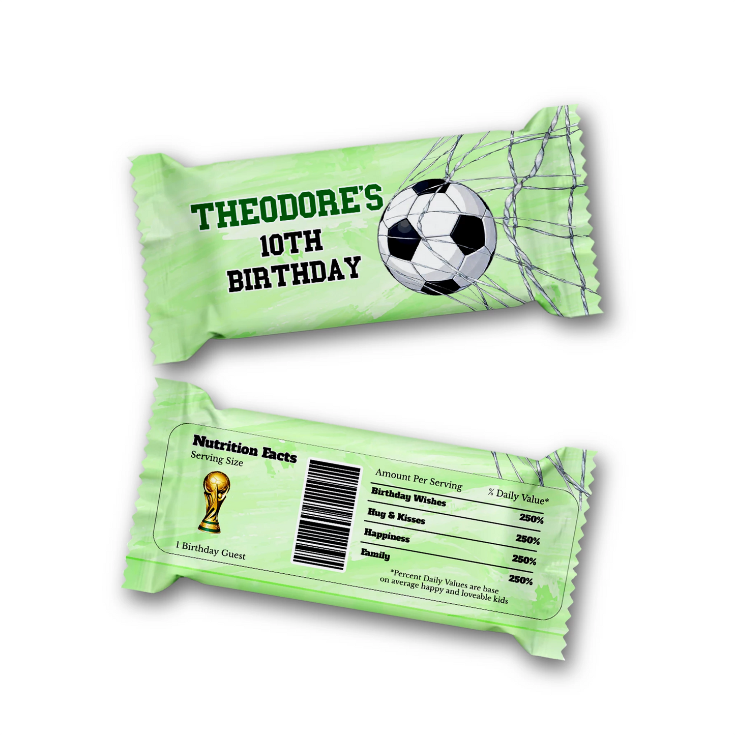 Soccer Rice Krispies treats and candy bar label set with coordinated green soccer designs, flat lay on white background