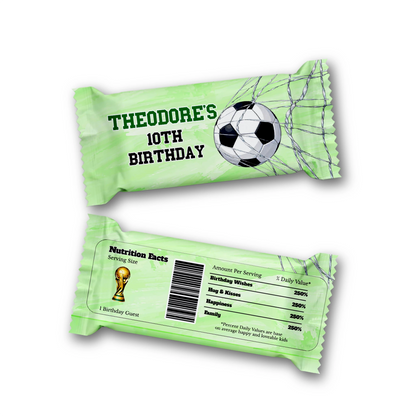 Soccer Rice Krispies treats and candy bar label set with coordinated green soccer designs, flat lay on white background
