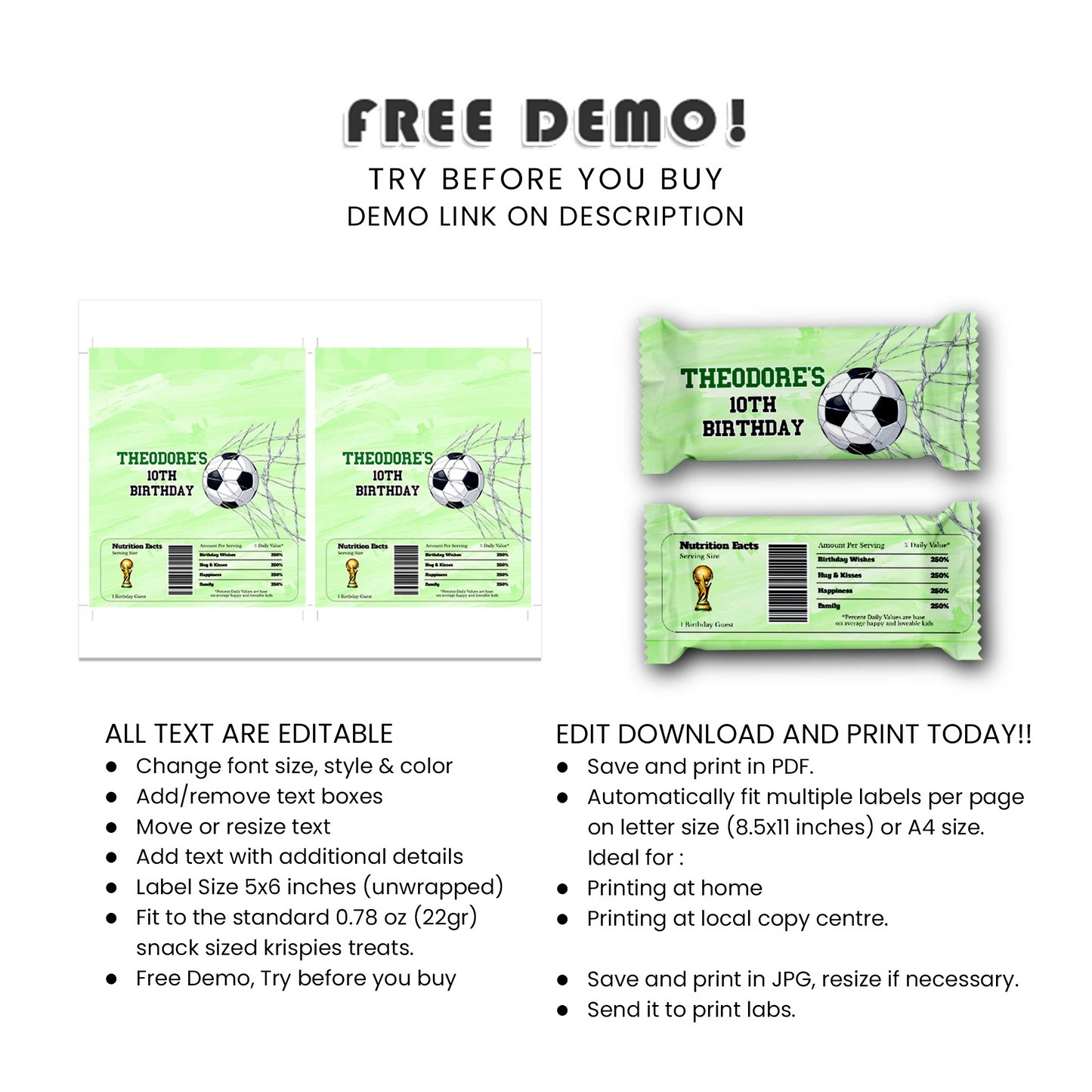 Soccer Rice Krispies treats and candy bar labels party favor wraps