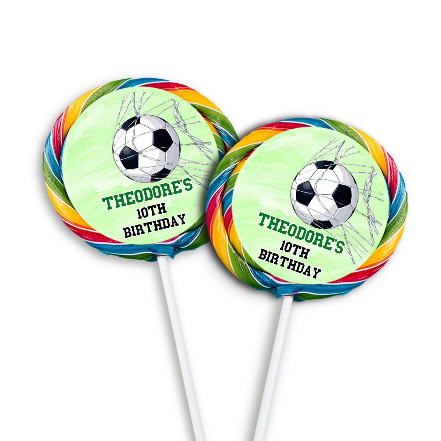 Soccer lollipop label with round green soccer design and ball icon, printable circle shown on white background