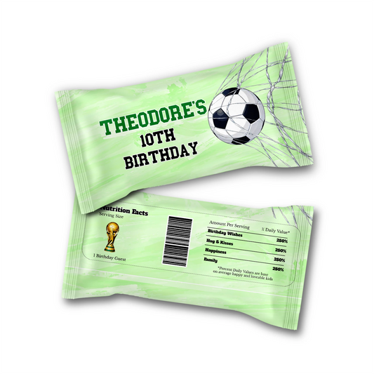 Soccer Skittles label with colorful candy wrapper and green soccer theme, flat lay on white background