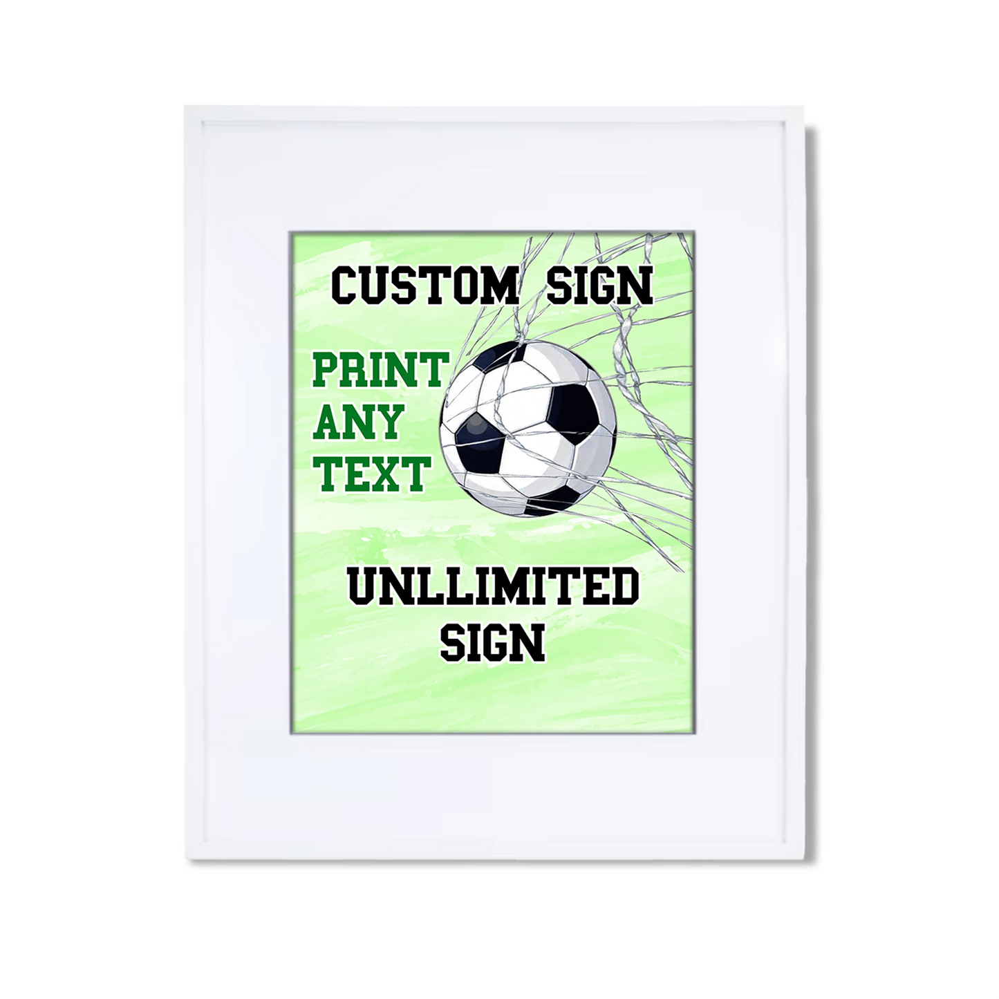 Soccer custom sign with bold green field background and personalized text, centered on white background