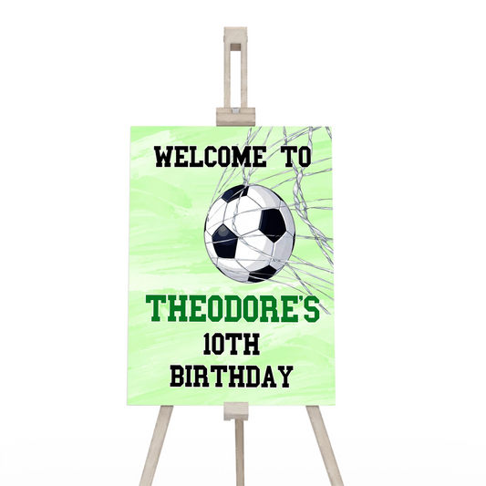 Soccer welcome sign with large soccer ball graphic and green turf design, portrait layout on white background