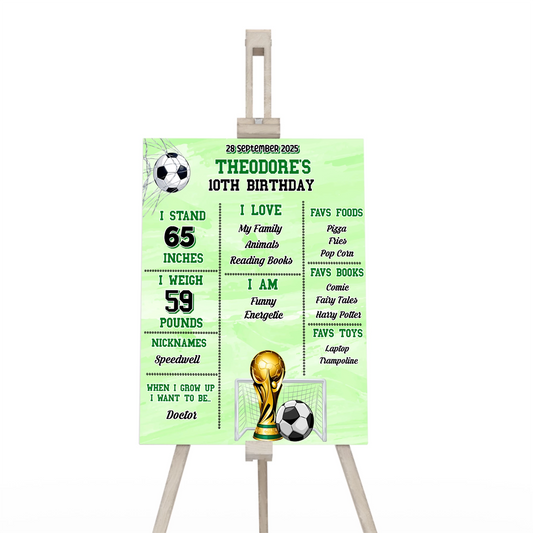 Soccer milestone poster with green soccer theme, age and stats layout, displayed flat on white background