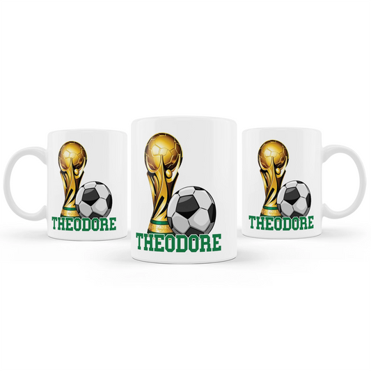 Soccer sublimation mug with green soccer graphics and custom name, white ceramic mug on white background