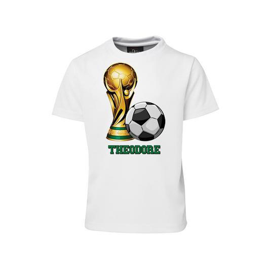 Soccer sublimation t-shirt with green soccer graphic and custom text, displayed front view on white background