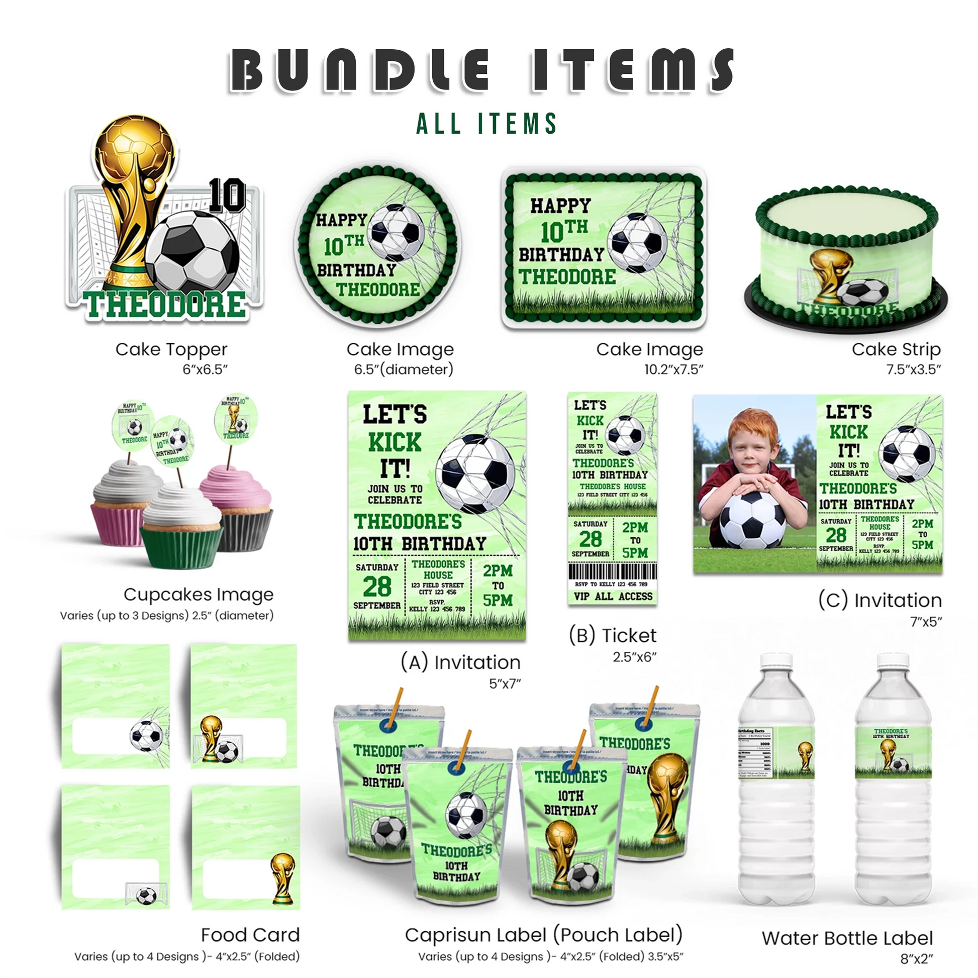 Soccer personalized digital template party pack with coordinated green and black designs, editable elements, shown on white background