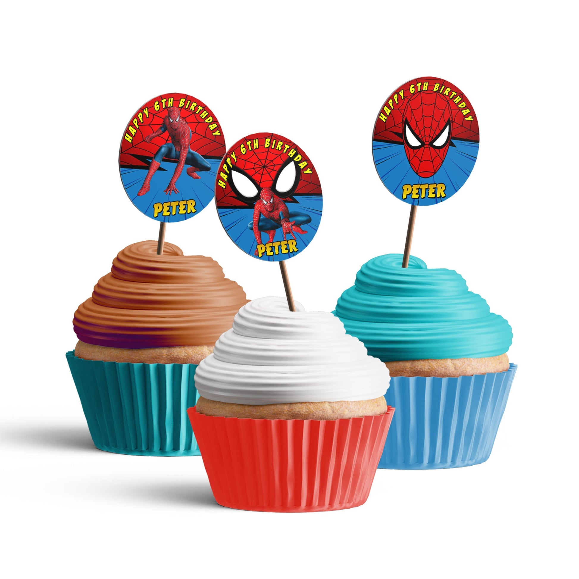 Spiderman themed personalized cupcakes toppers