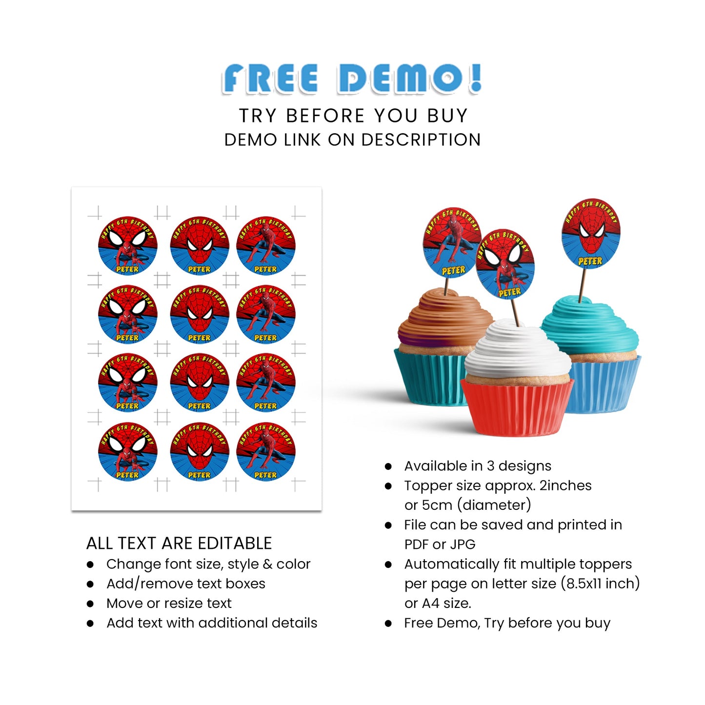 Delight Your Guests with Spiderman Personalized Cupcakes Toppers - Ideal for Parties