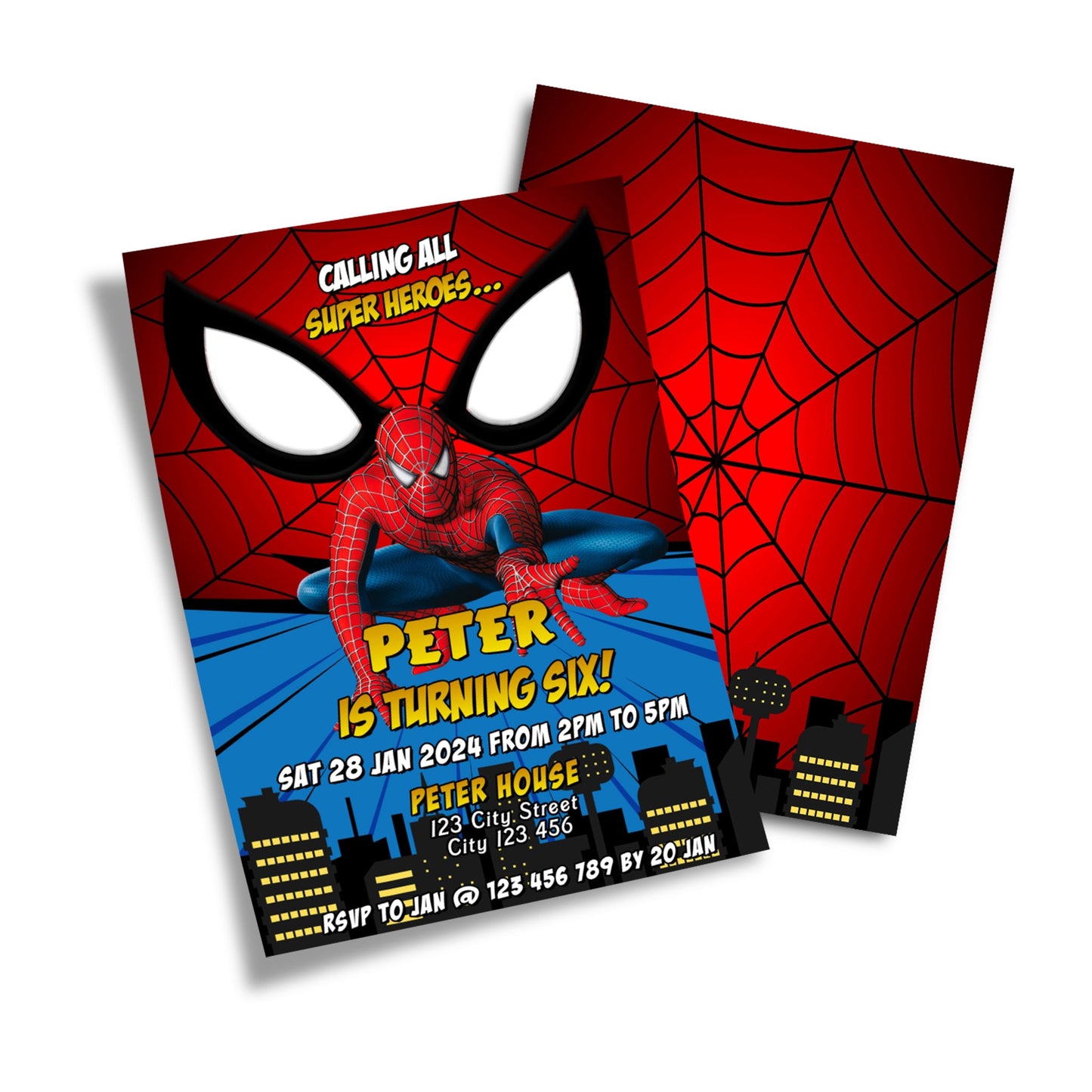 Spiderman themed personalized birthday card invitations