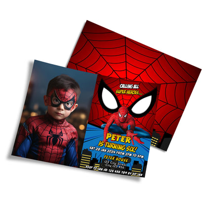 Spiderman themed personalized photo card invitations