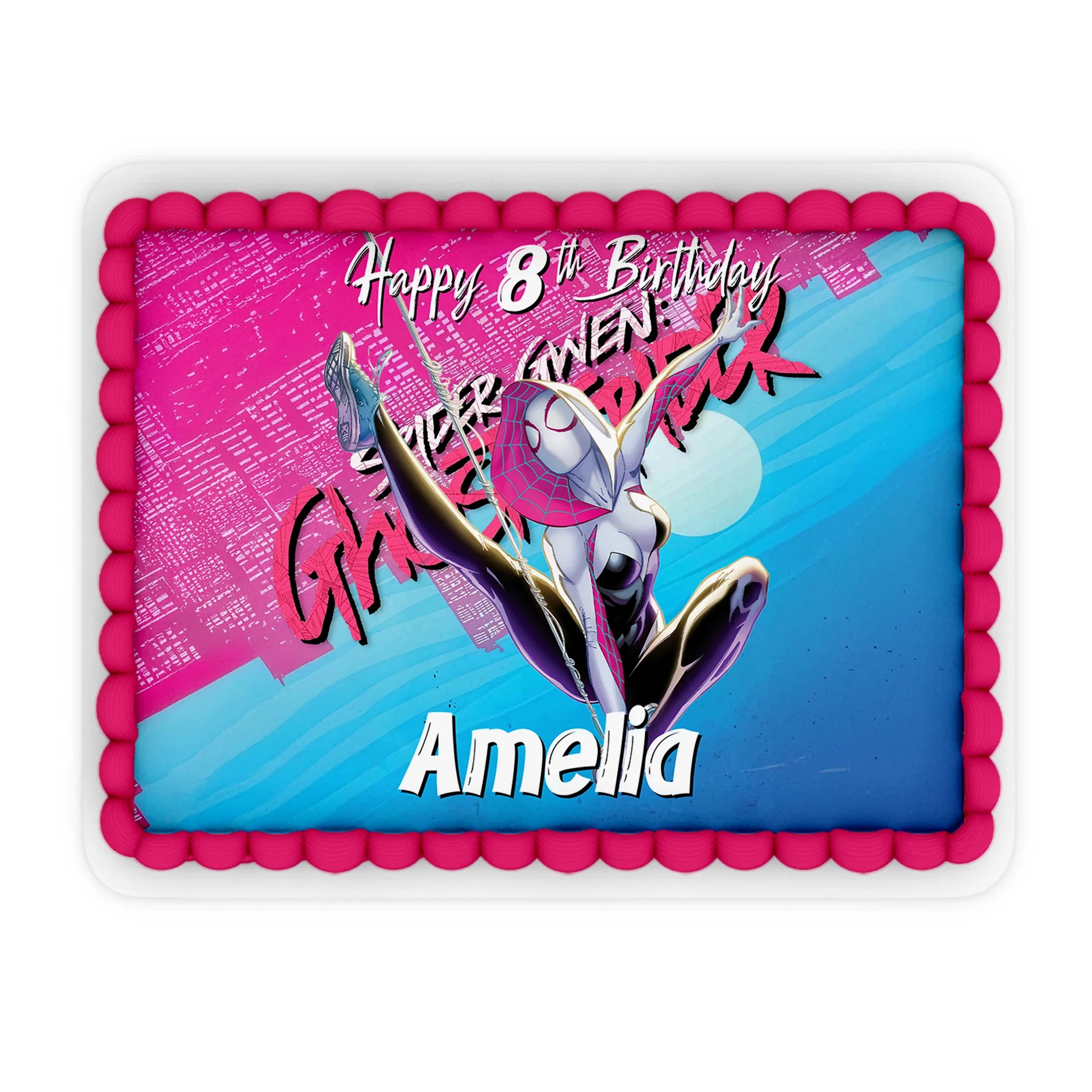 Spider-Woman personalized edible sheet cake images with bold comic graphics in red and blue