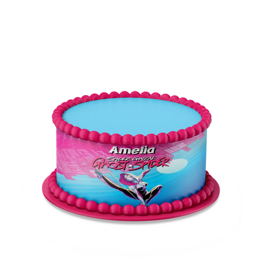 Spider-Woman personalized cake strips with bold red and blue web patterns laid flat on white background