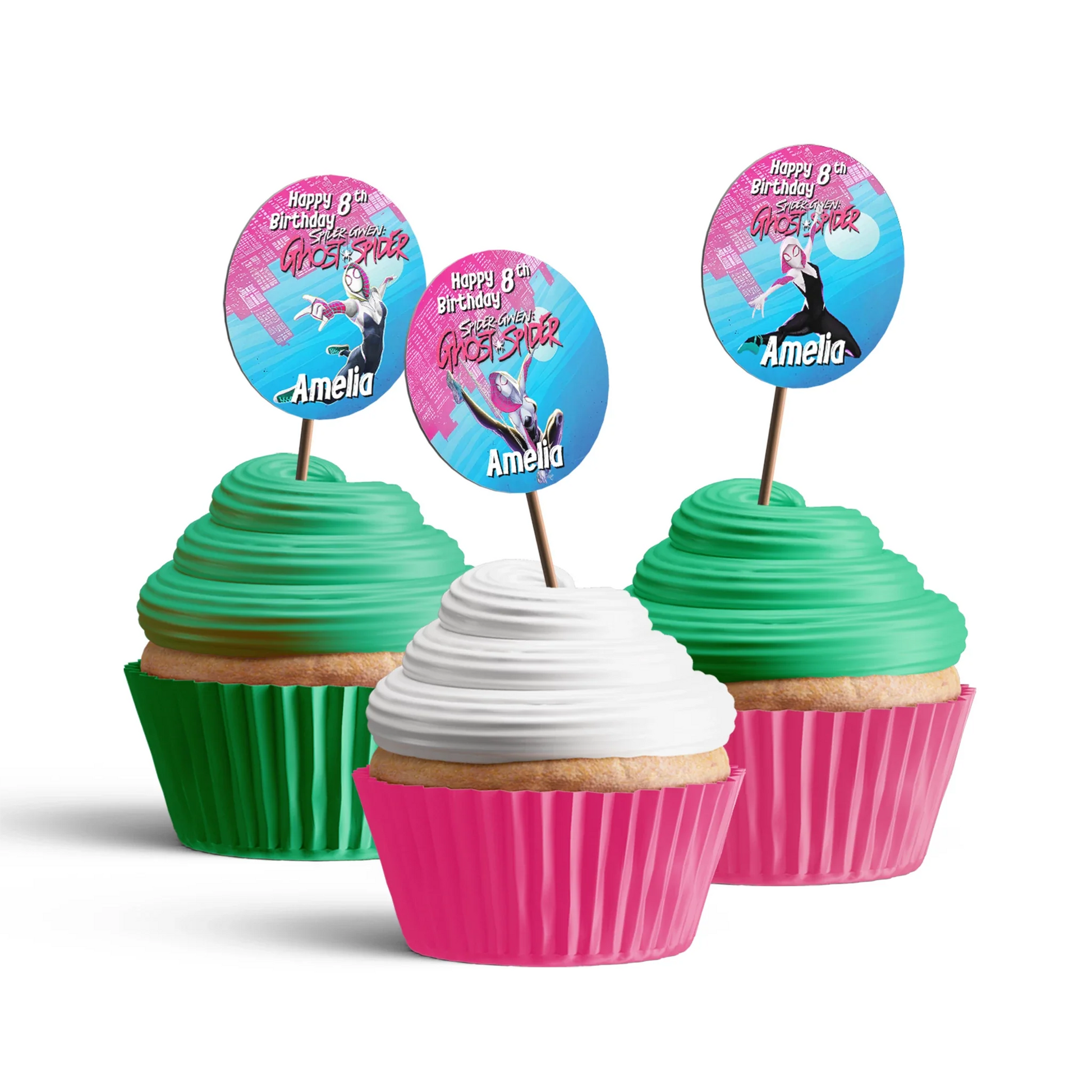 Spider-Woman personalized cupcake toppers with web patterns and character accents on white background