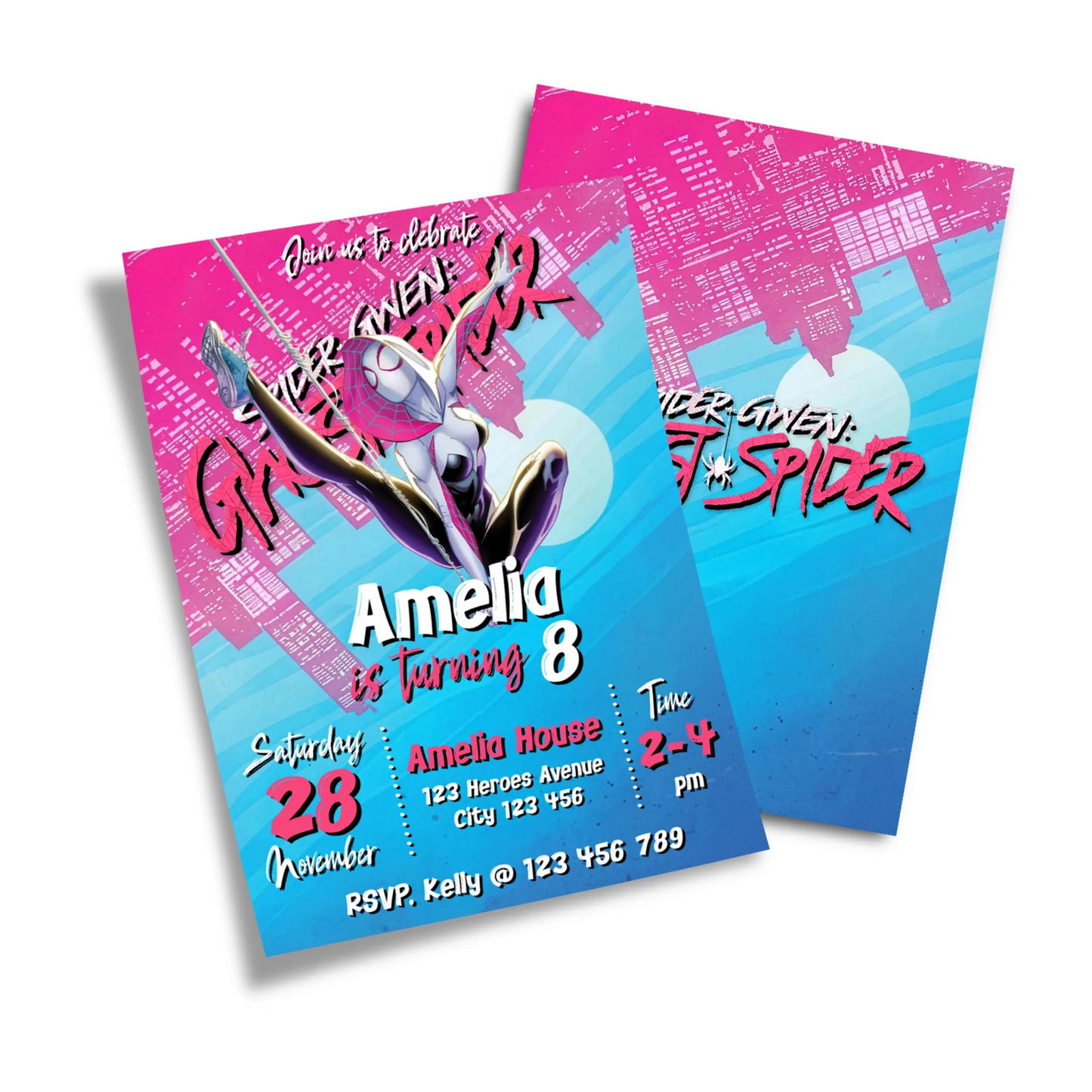 Spider-Woman personalized birthday card invitations with red and blue comic theme shown in flat lay