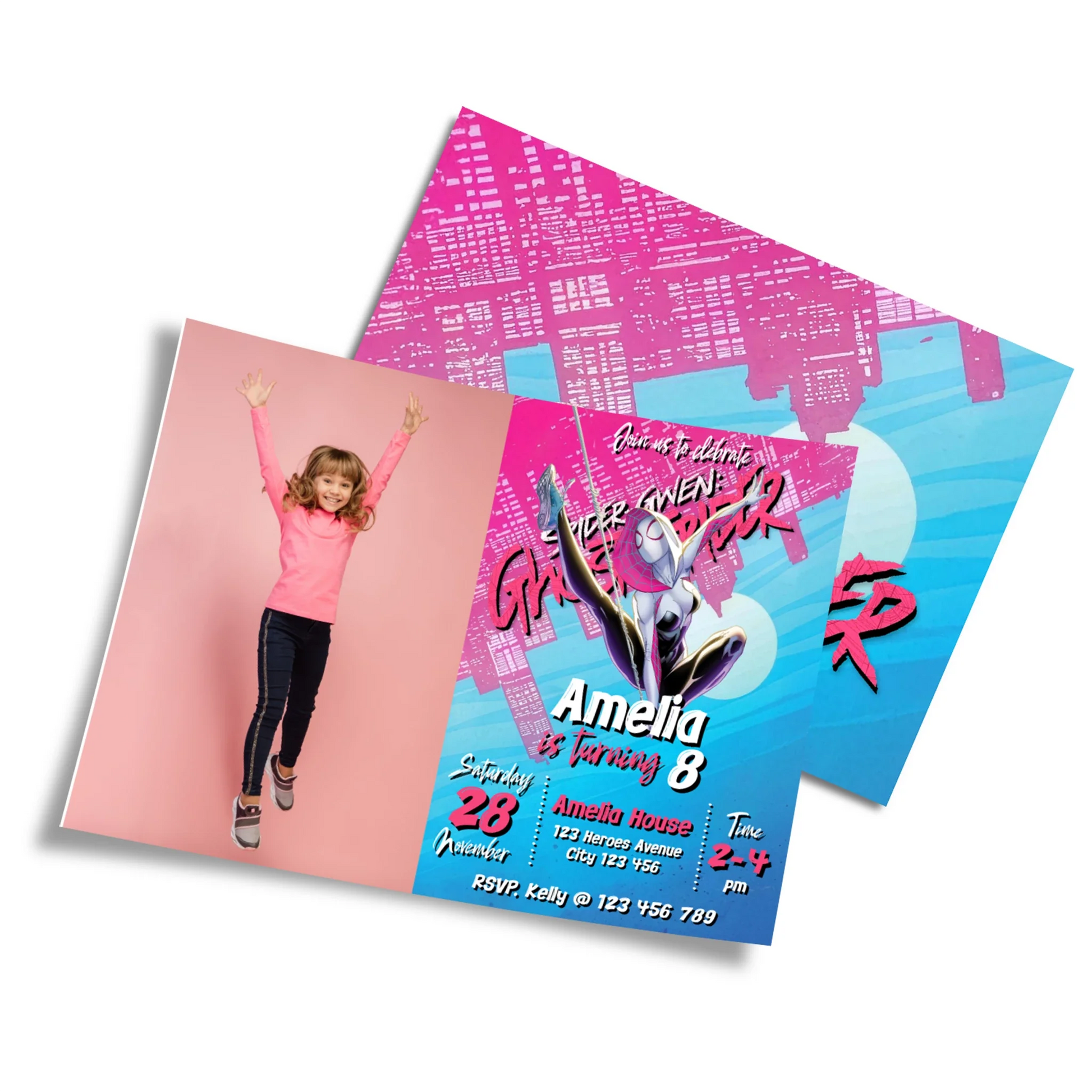 Spider-Woman personalized photo card invitations with custom photo space and web graphics