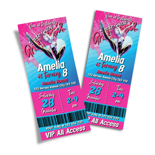 Spider-Woman personalized birthday ticket invitations with comic-style layout and web patterns