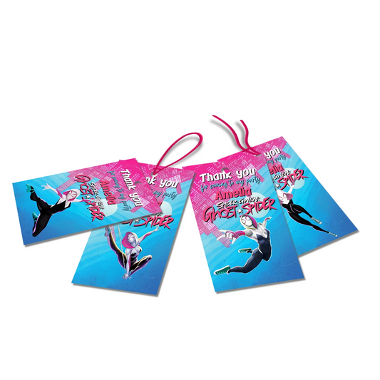 Spider-Woman thank you tags with bold web design in red and blue on white background