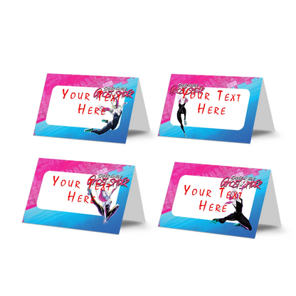 Spider-Woman food cards with comic-inspired graphics and web borders arranged flat