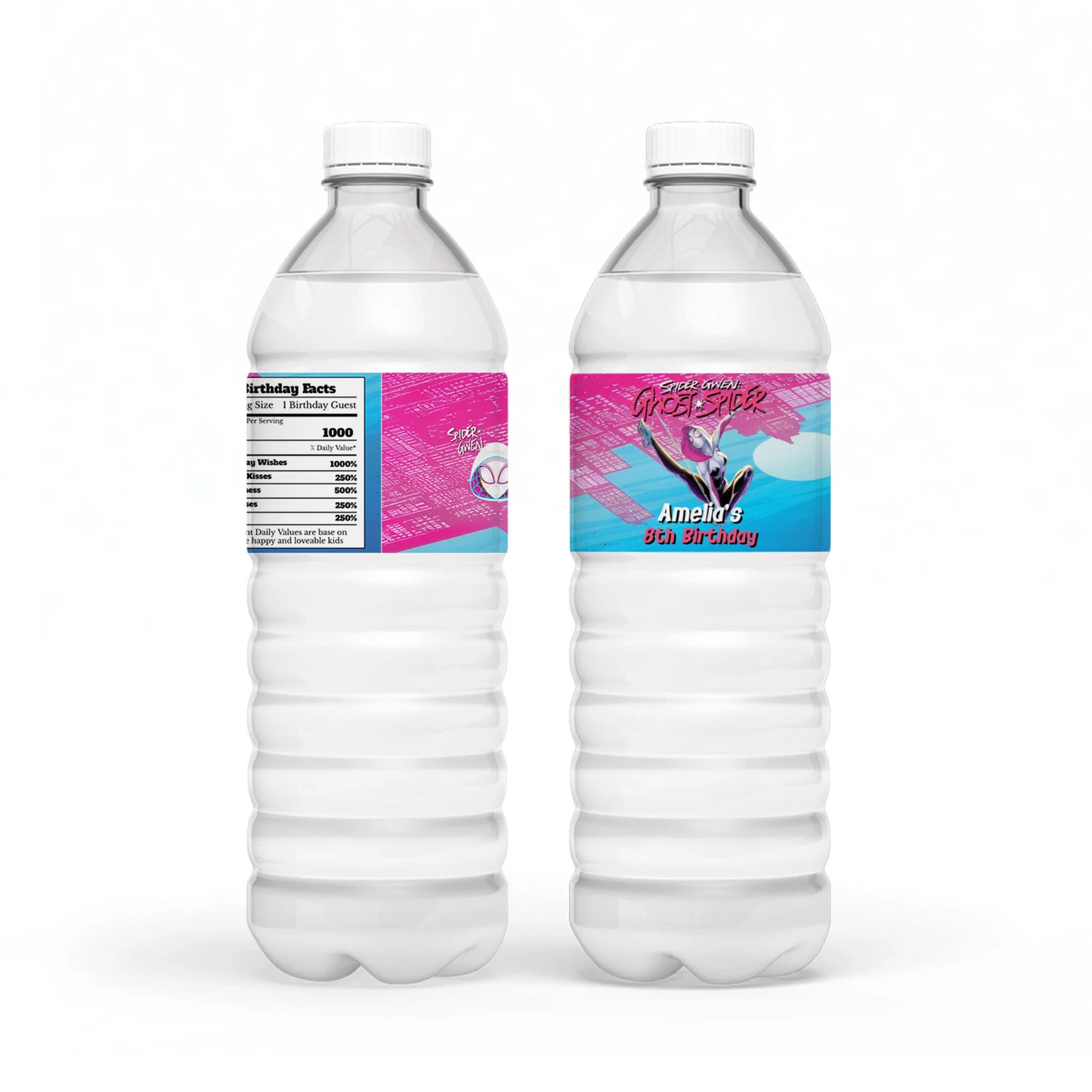 Spider-Woman water bottle label with red and blue web pattern wrapped around bottle