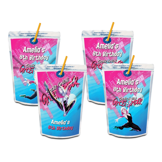 Spider-Woman juice pouch label with bold comic graphics in red and blue on white background
