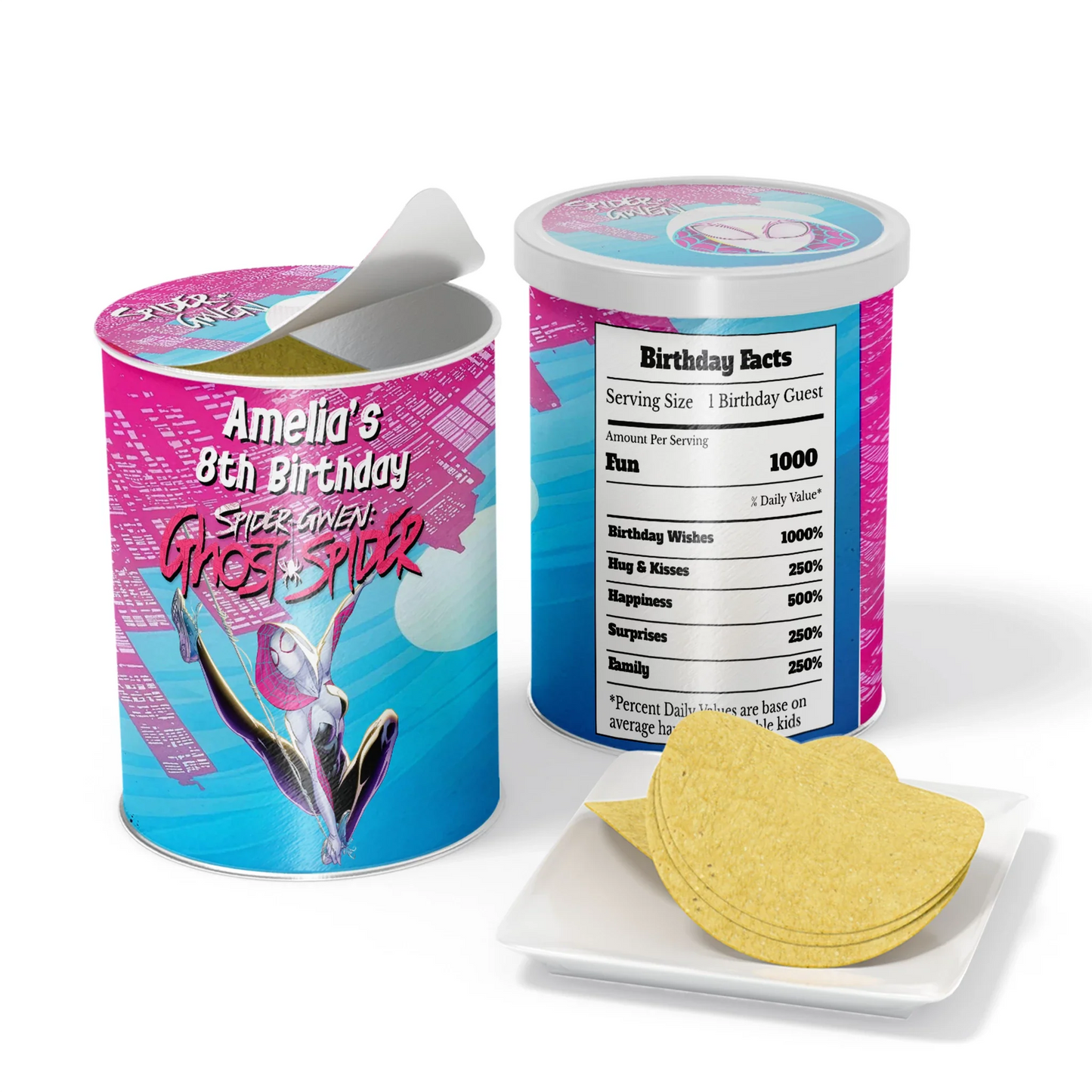 Spider-Woman small Pringles label with bold web pattern in red, blue, and black