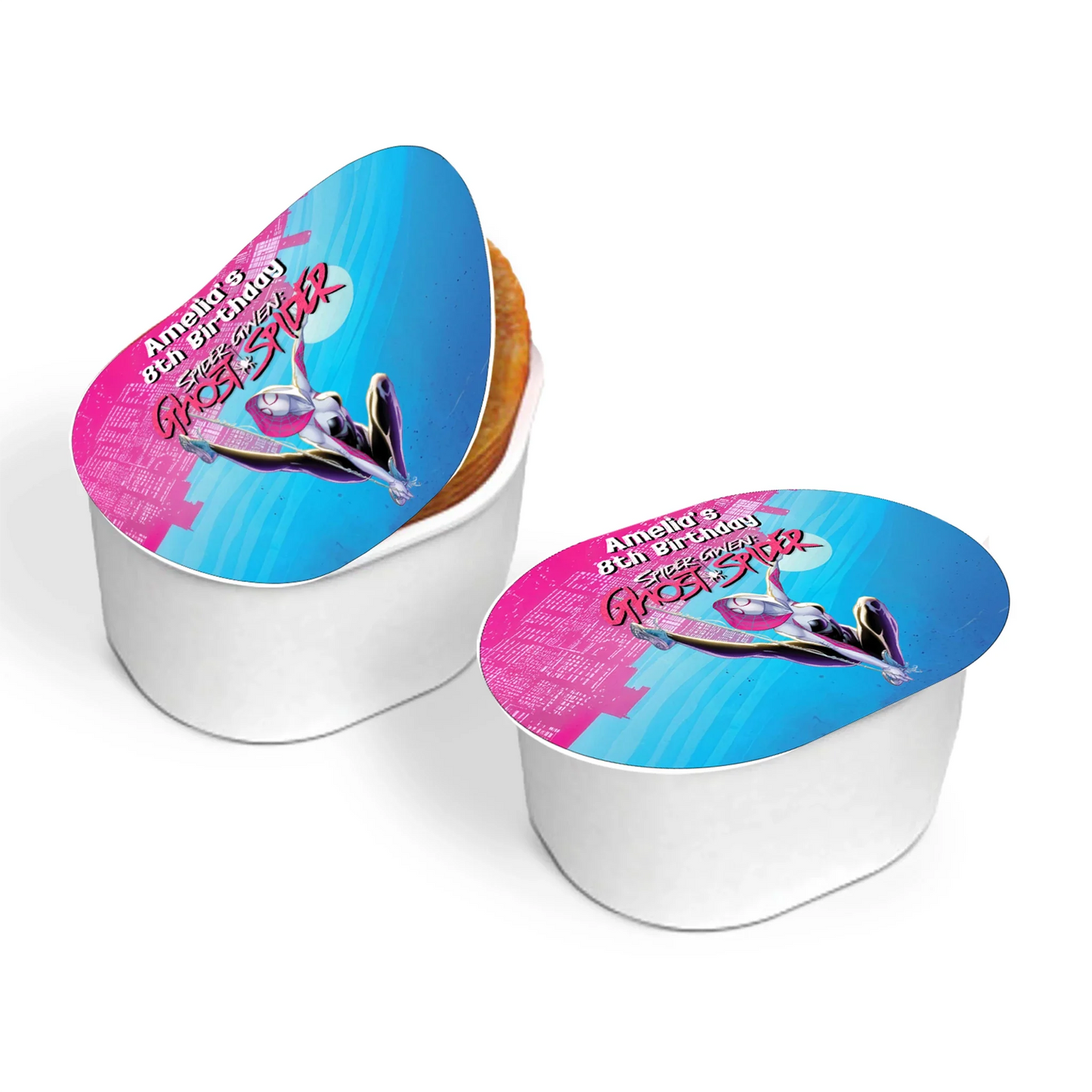 Spider-Woman mini Pringles label with comic-style web graphics in red and blue